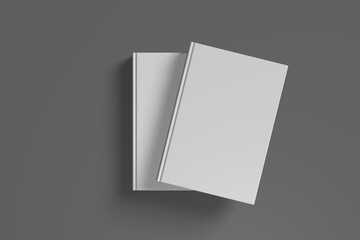 Realistic 3D book mockup illustration with 2 hard covers. Book model standing on shaded isolated grey background. 2 hardcover books. Ready for you to present your design.