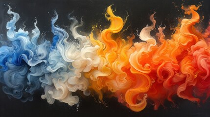  a group of multicolored smokes on a black background that appears to be colored in different shades of blue, orange, yellow, red, and white.