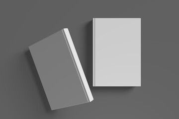 Realistic 3D book mockup illustration with 2 hard covers. Book model standing on shaded isolated grey background. 2 hardcover books. Ready for you to present your design.
