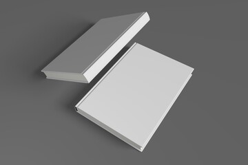 Realistic 3D book mockup illustration with 2 hard covers. Book model standing on shaded isolated grey background. 2 hardcover books. Ready for you to present your design.