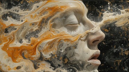  a close up of a woman's face with orange and white paint splatters all over her face and her face is partially obscured by a black background.