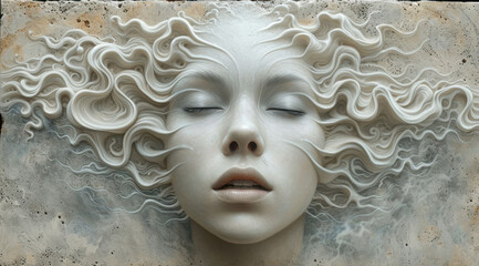  a white sculpture of a woman's head with her eyes closed and her hair blowing in the wind, with her eyes closed and her eyes closed to the side.