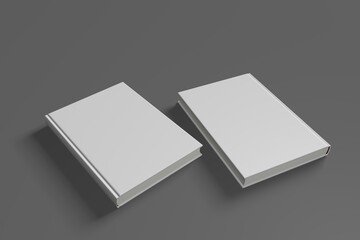 Realistic 3D book mockup illustration with 2 hard covers. Book model standing on shaded isolated grey background. 2 hardcover books. Ready for you to present your design.