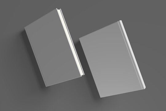 Realistic 3D book mockup illustration with 2 hard covers. Book model standing on shaded isolated grey background. 2 hardcover books. Ready for you to present your design.
