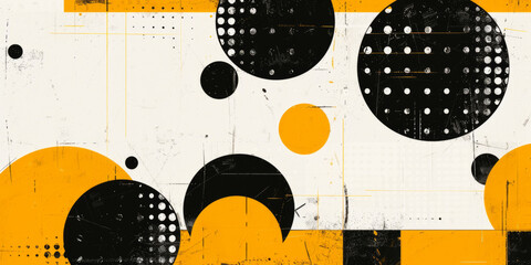 Abstract geometric pattern with black and yellow circles on a textured white background