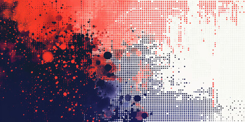 Digital pixel dispersion effect with red and blue gradient on white background