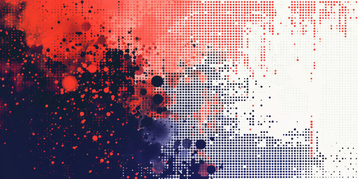 Digital pixel dispersion effect with red and blue gradient on white background