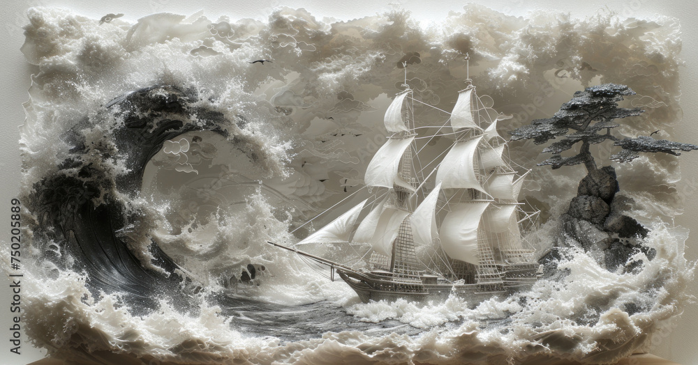 Poster a sculpture of a ship in the middle of a wave with a tree in the middle of the wave and another boat