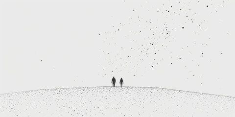 Two figures standing on a curve under a scattered pixel and dot sky on a white background. High-contrast minimalist composition. Design for wall art, modern print, and minimalist poster