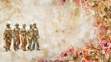 Silhouette with workers on a beautiful floral background in art nouveau style, greeting card for Labor Day