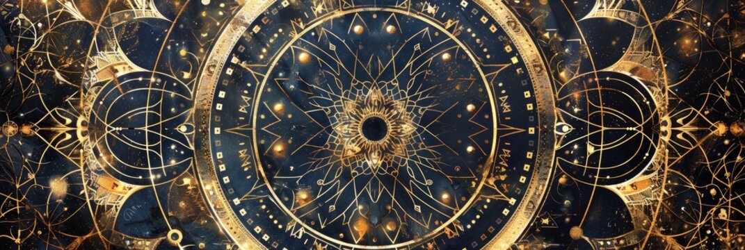 A celestial-themed mandala with intricate geometric patterns and gold metallic highlights 