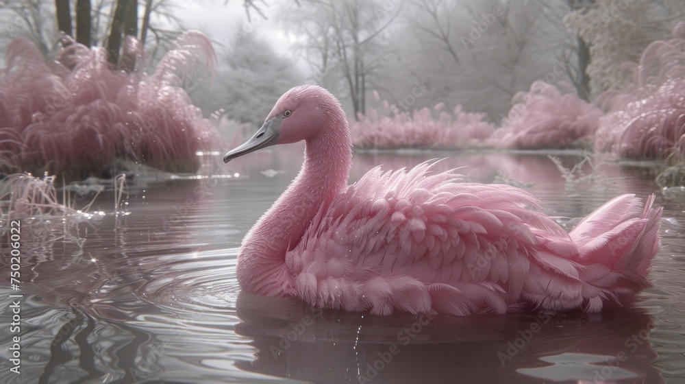 Poster a pink flamingo floating on top of a lake next to a forest filled with tall grass and trees with pin