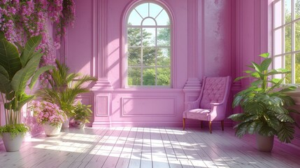 Fototapeta na wymiar a room with pink walls, a pink chair, potted plants, and a window with a view of the trees outside of the room is shown in the picture.