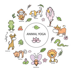 Set of animal yoga poses or asanas with tropical floral elements. Vector colored cartoon illustration in doodle style.