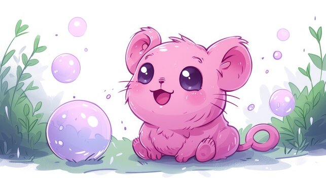  a little pink mouse sitting on the ground next to a ball of soapy water and a sprig of grass with leaves on the side of the ground.