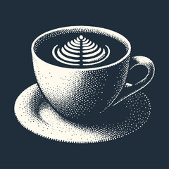 Coffee cup with coffee art. Vintage woodcut stipple engraving vector illustration.