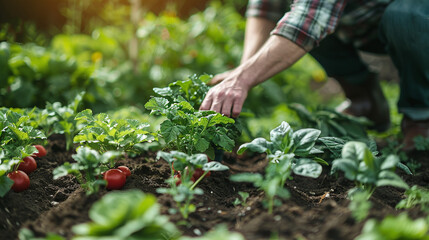 Fototapeta premium person working in the farm, close up of man hands planting in the farm
