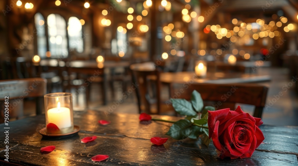 Poster a red rose sitting on top of a table next to a candle and a vase with a rose in it on top of a table