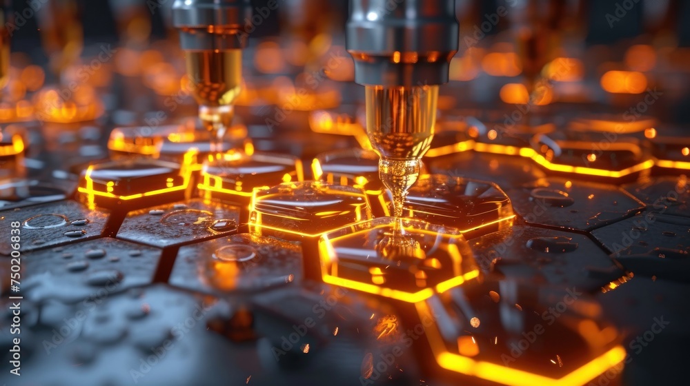 Poster a close up of a machine with a lot of yellow lights in the middle of the machine and a few other mac