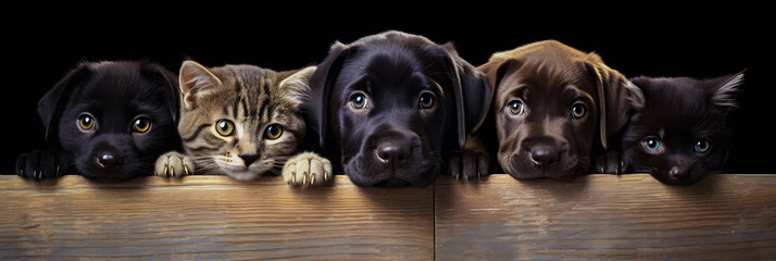 Portrait of cat and dog friends. Animals love. Pets love