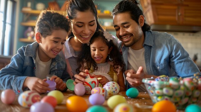 Happy Hispanic family with little kids celebrating Easter and decorating Easter eggs at dining table in kitchen. Easter Family traditions.
