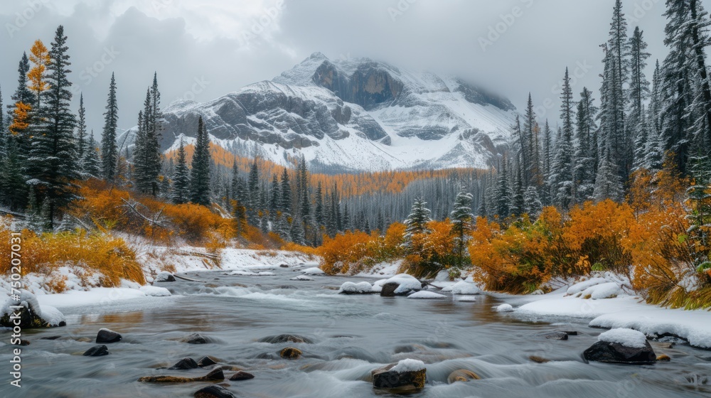Poster a mountain covered in snow and surrounded by trees and a river with rocks in the foreground and a fe