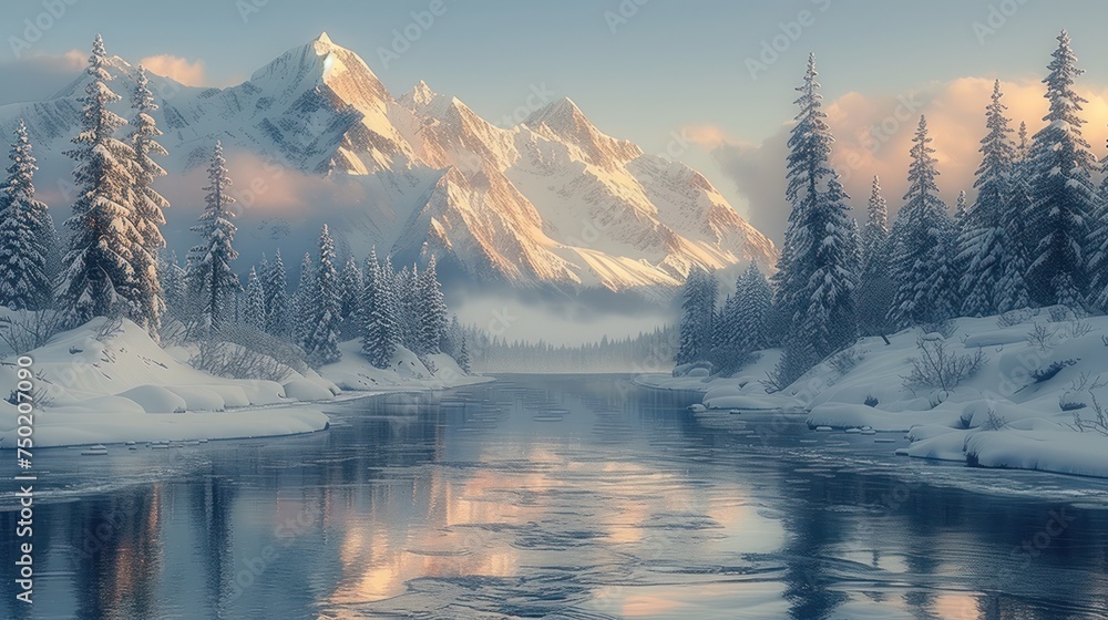 Aufkleber a river surrounded by snow covered trees with a mountain in the background and clouds in the sky wit
