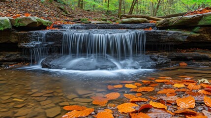  a small waterfall in the middle of a forest with lots of leaves on the ground and on the ground there is a pool of water surrounded by rocks and fallen leaves.