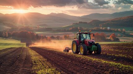 red tractor in field on a beautiful sunset