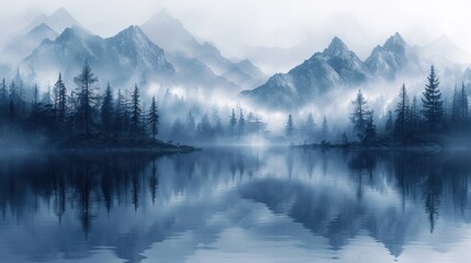  a body of water with a mountain range in the background and trees in the foreground, with fog in the air, and fog in the foreground, and fog in the foreground.