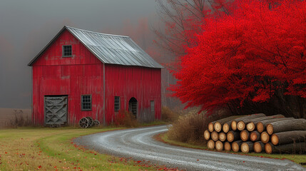  a red barn sitting on the side of a road next to a pile of logs on the side of a road next to a tree with red leaves on it.