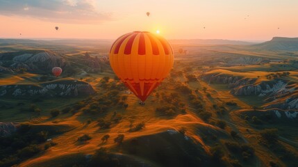  a group of hot air balloons flying over a lush green hillside under a blue sky with the sun rising over the horizon of a valley with trees and mountains in the foreground.