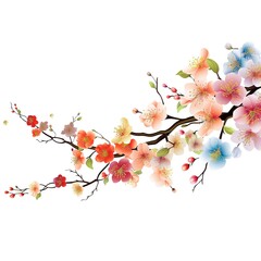 Colorful cherry blossom branch isolated on white background, Ai Generated