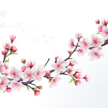 Cherry blossom branch with flowers isolated on white background, Ai Generated