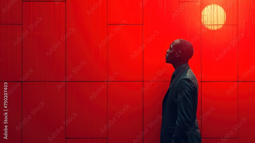 Poster a man standing in front of a red wall with a bright spot in the middle of the picture on the right s