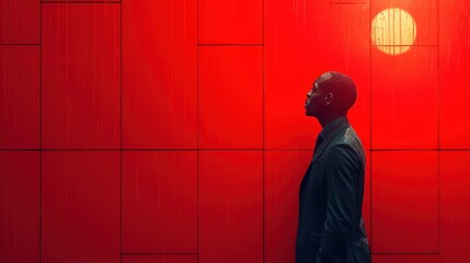  a man standing in front of a red wall with a bright spot in the middle of the picture on the right side of the image is a red wall with a black man's head.