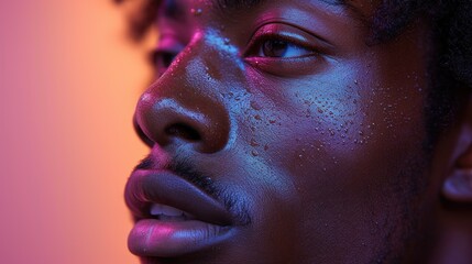  a close up of a man's face with blue and pink paint on his face and one half of his face covered in pink and one half of the other half of the other half of his face.