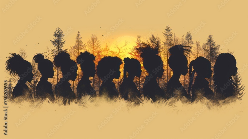 Poster a painting of a group of people with backpacks in front of a setting sun in a field of tall grass, w