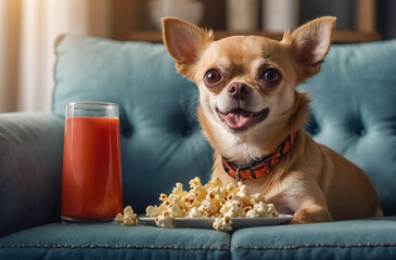 cute  leisure  dog at home with popcorn