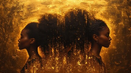  a painting of two women facing each other in front of a yellow background with gold flecks in the middle of the image and a black woman's head.