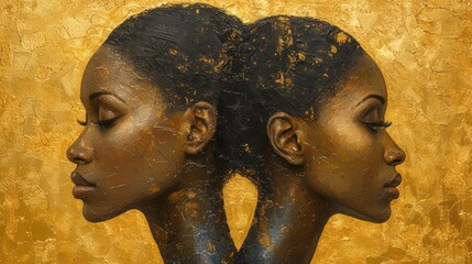  a painting of two women's heads facing each other with gold paint on the wall behind them and gold paint on the wall behind the woman's head.