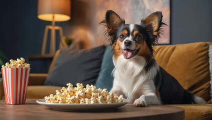 cute   adorable  dog at home with popcorn