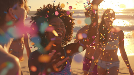 Joyful Beach Party Celebration with Friends at Golden Hour - obrazy, fototapety, plakaty