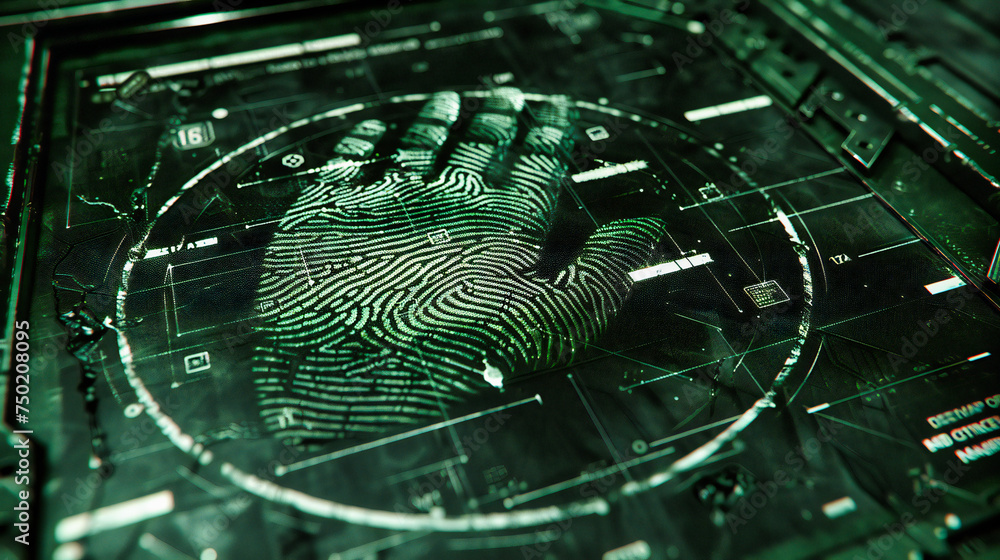Poster biometric security: digital fingerprint scanner, symbolizing advanced identification and access cont