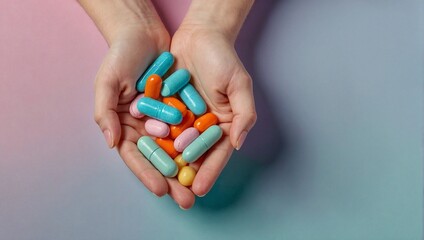 A hand full of pills and medicine. Pharmacy or drug addiction concept. Medical industry idea. Copy space.