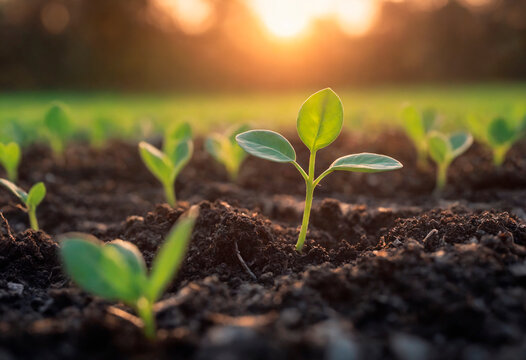 A small green plant is breaking through the soil, reaching towards the sunlight. The plant shows early signs of growth, with leaves forming and roots extending into the earth.