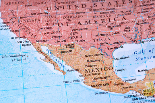 Concept image using a map focusing on the border between the USA and Mexico close up