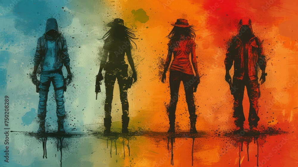 Poster a group of people standing next to each other in front of a multicolored painting of a woman with dr
