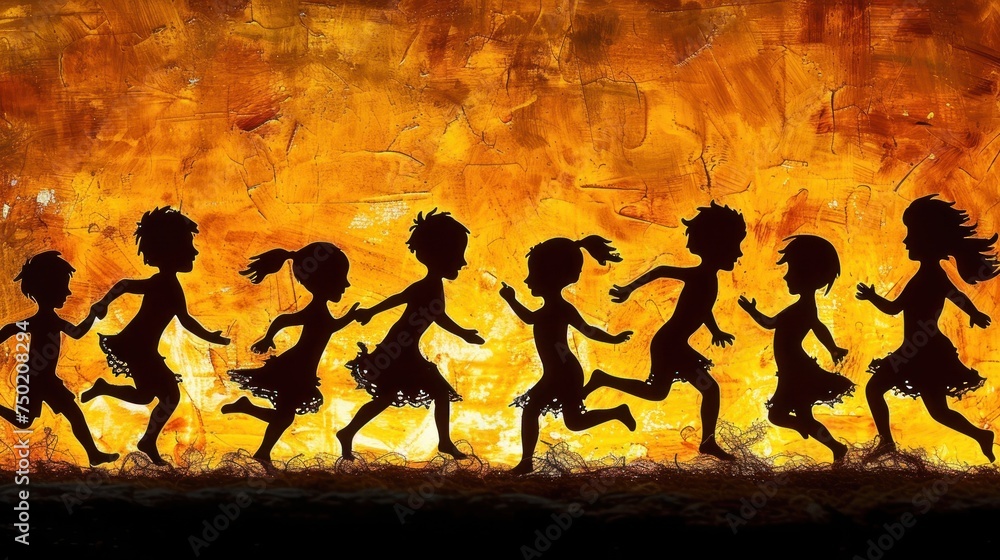 Poster a painting of a group of children running across a field in front of an orange and yellow background