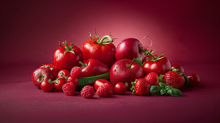 vibrant studio photography of red fruits and vegetables, applees, peppers, strawberries, raspberries, colorful nutrition